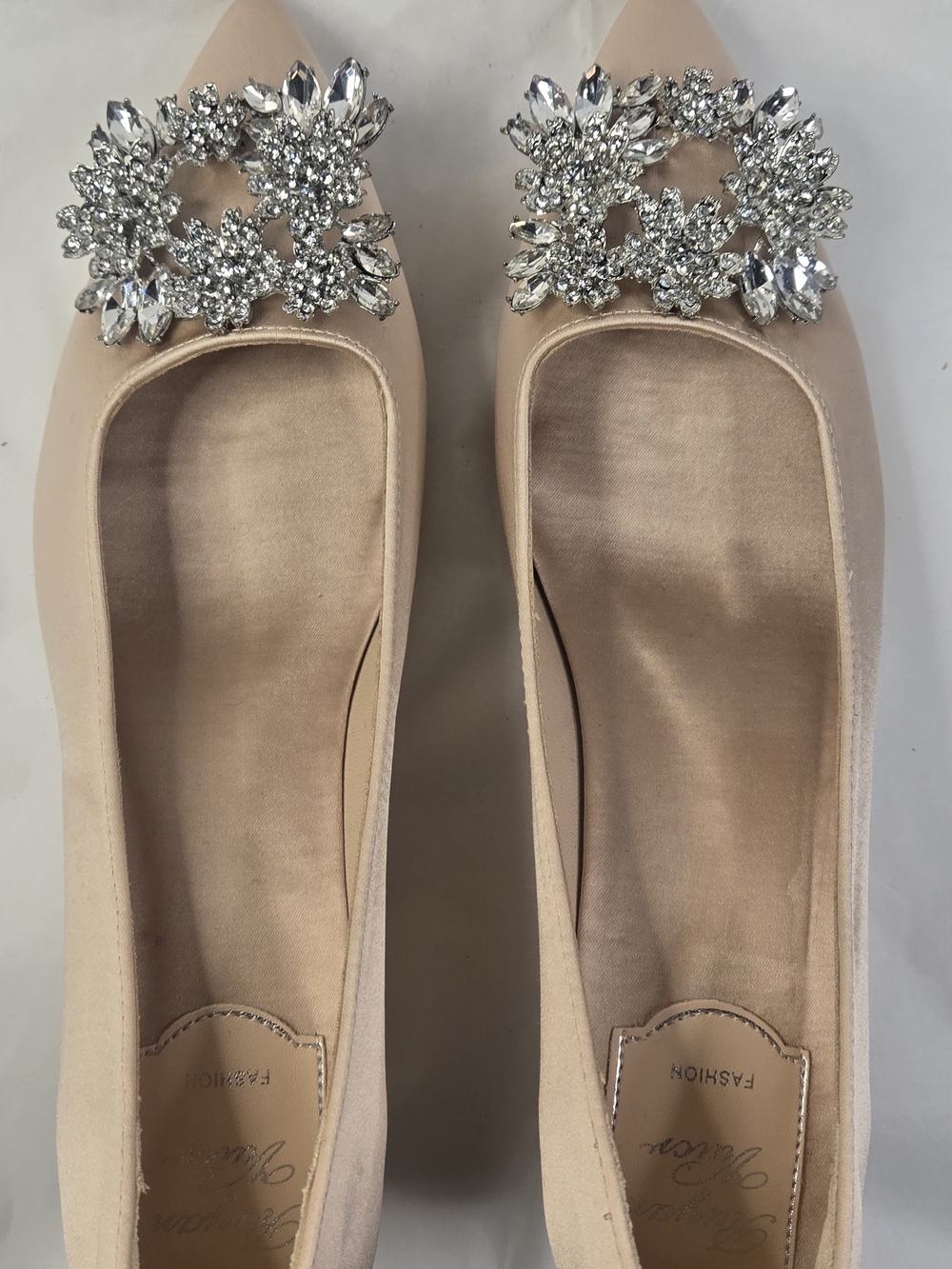 Embellished Nude Satin Pointed Toe Flats